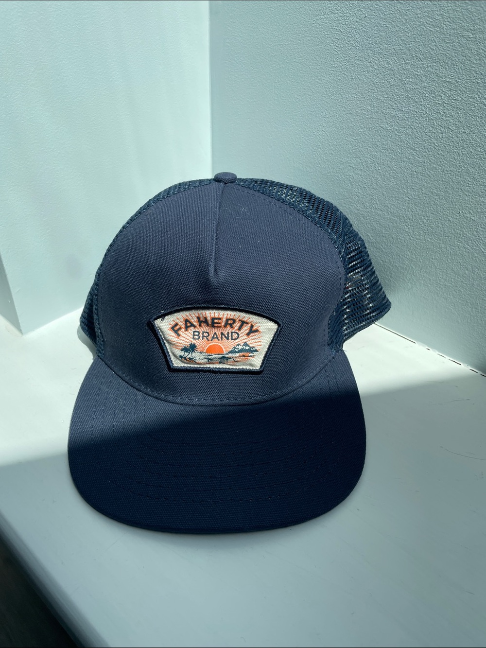 Faherty Dark Blue Mesh-Back Trucker Hat with Sunset Patches